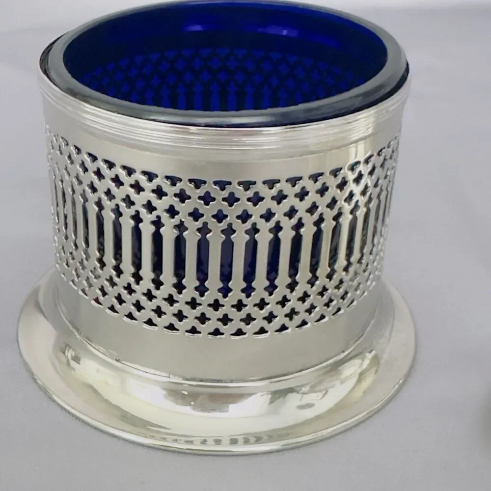 England Silver Plated Condiment Jar Lid Cobalt Blue Glass Insert & Spoon Reticul